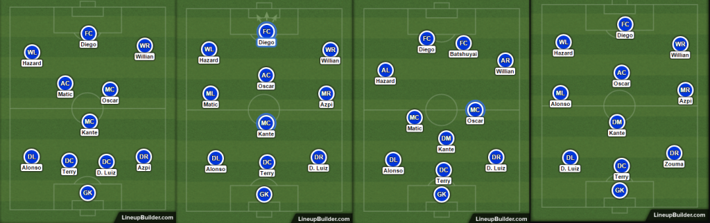 Time titular com as contrataçoes. Depois o mesmo time com outro sistema. Nas duas ultimas o mesmo time com uma substituiçao. Na terceira Batshuayi no lugar de Azpi e na ultima Zouma no lugar de Matic