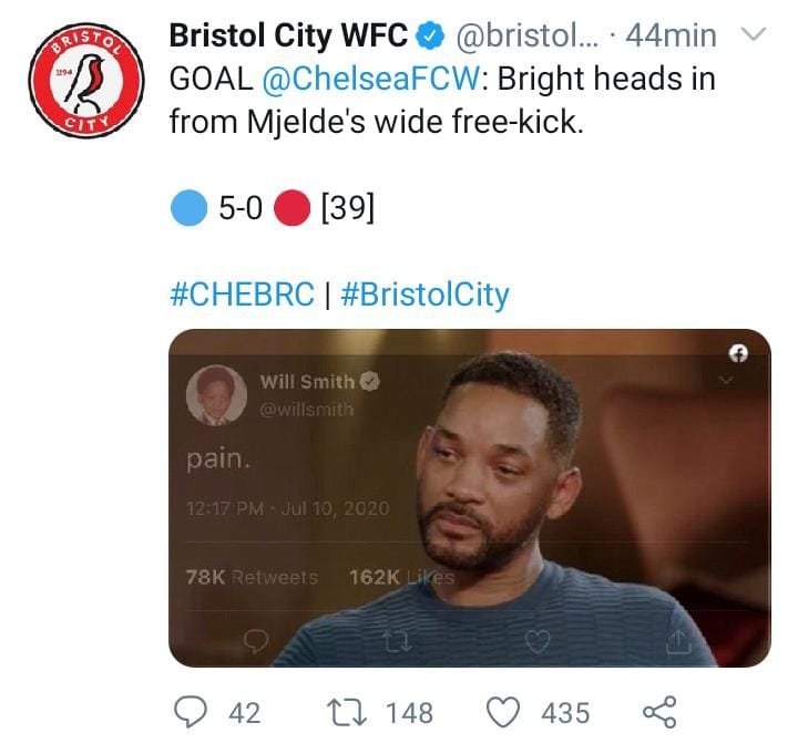 Publicação do Bristol CIty após o quinto gol do Chelsea.